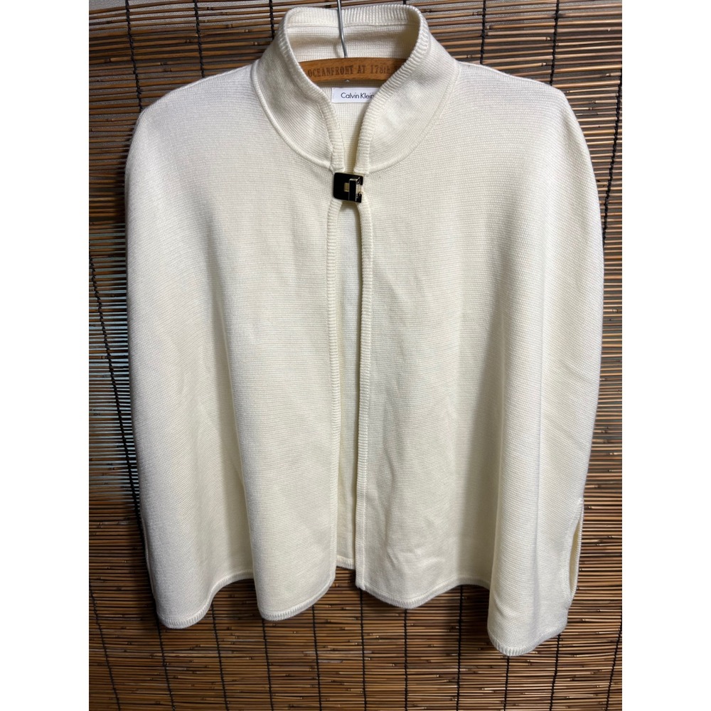 Calvin Klein Cream Knit Capelet Mock Neck Silver Clasp Arm Poncho Sweater